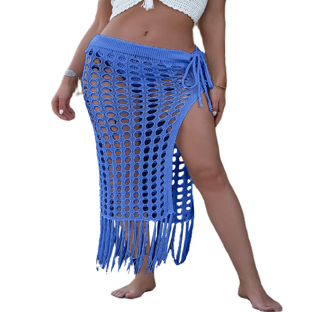 Awoscut Women Sexy Hollow Out Knit Skirt Cover Ups for Swimwear Swimsuit Bathing Suit Bikini Cover Summer Beach Wrap Dress (Blue, Large)