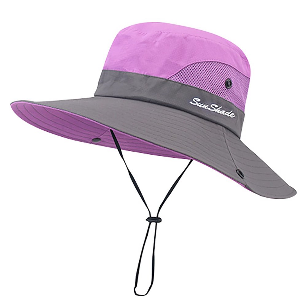 Kids Girls Ponytail Sun Hat Outdoor UV-Protection Foldable Mesh Wide-Brim Beach Bucket-Cap (3-8Y) Purple