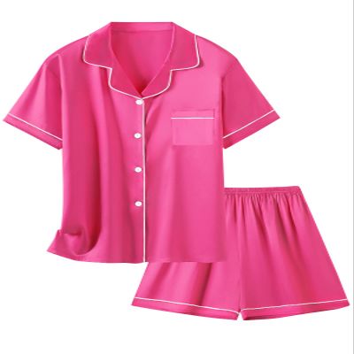 Schbbbta Satin Pajamas for Girls, 2 Pcs Sleepwear Short Sleeve Silk Satin Pajama Outfit for Girls, Hot Pink, 3-4 Years = Tag 110