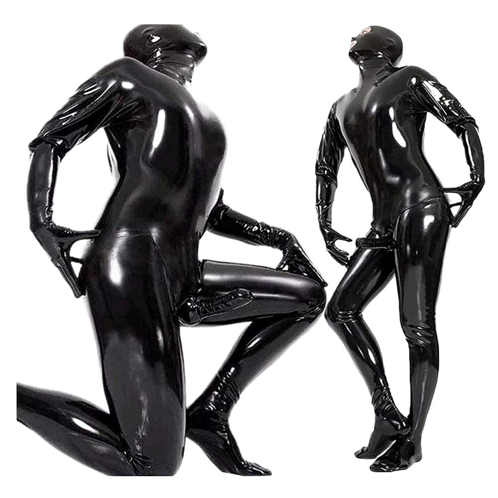 BERMEL Men's Shiny Patent Black Leather cat Suit Full Body Men Sexy Latex Tight Zipper Jumpsuit Rubber Clothing (XL)