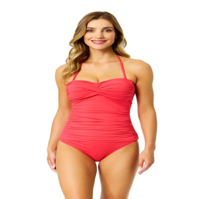 Anne Cole Women's Solid Twist Front Shirred Bandeau Tankini Swim Top (Coral, Small)