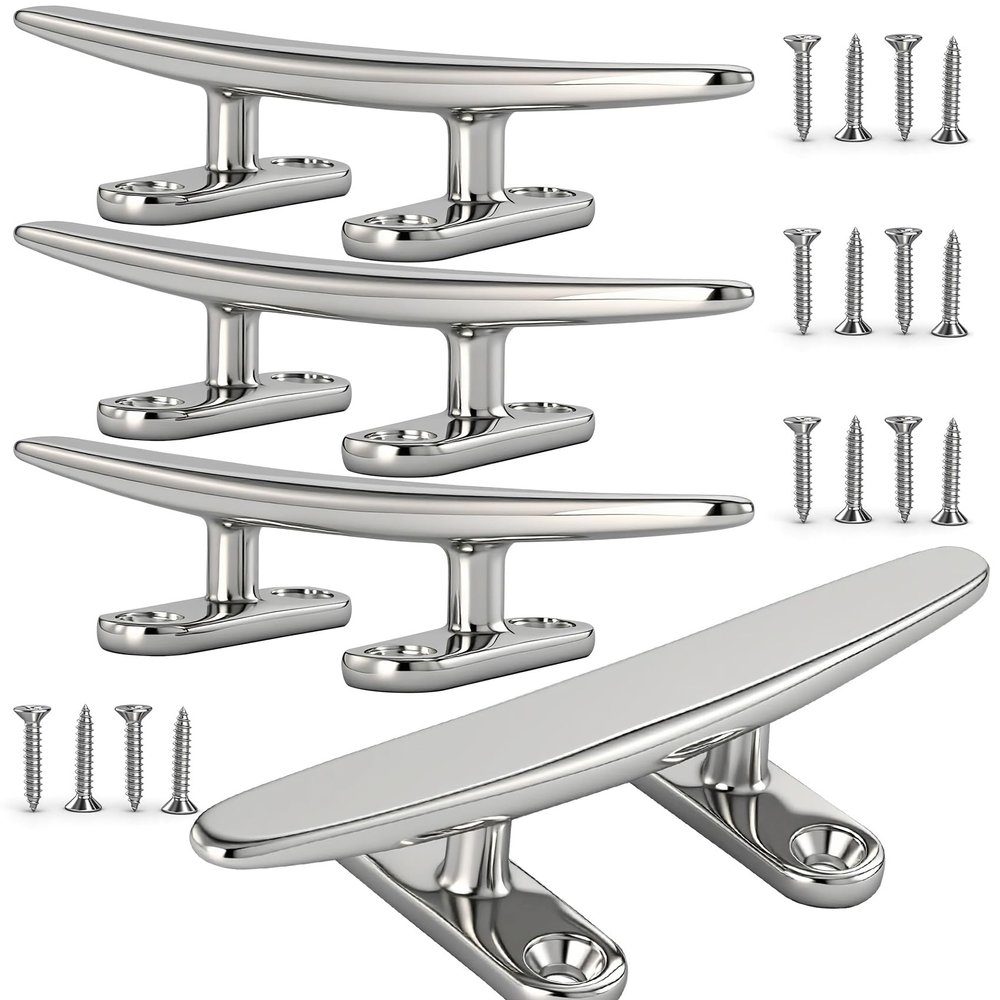 VEITHI Dock Cleats 6 inch 316 Stainless Steel, Boat Dock Cleats Open Base Flat Top, Boat Cleats with Hardware for Boat/Dock Tie Cleat/Deck/Nautical Decor (4 Pack)