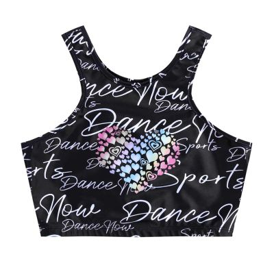 Kaerm Kids Girls Printed Racerback Sports Training Bra Top Sleeveless Workout Crop Top Vest Sportwear Black 14