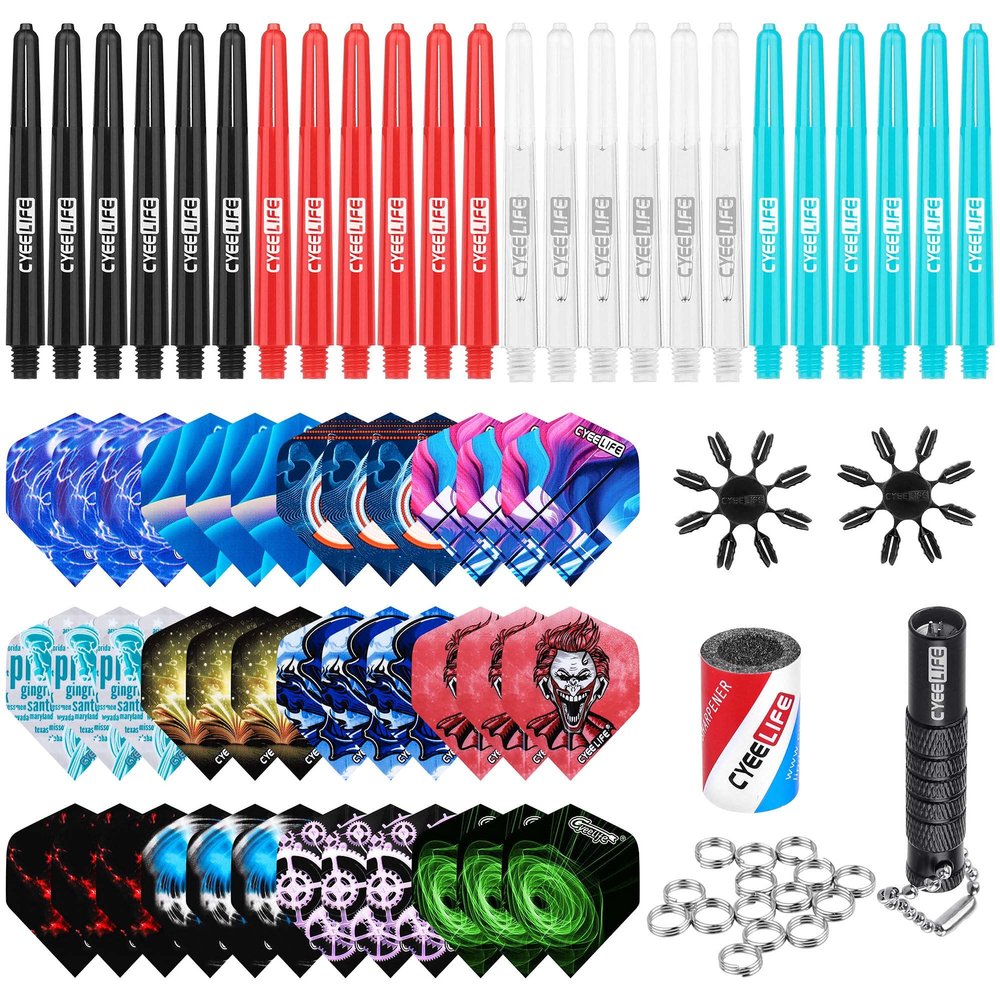 CyeeLife-Dart Accessories kit,36 Dart Flights+24 PVC Shafts+Sharpener+Remover Tool+50 Metal Rings+16 Flight Protectors