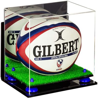 Better Display Cases Acrylic Rugby Ball Display Case with Mirror, Navy Blue Risers, Wall Mount and Turf Base (B41/A004)