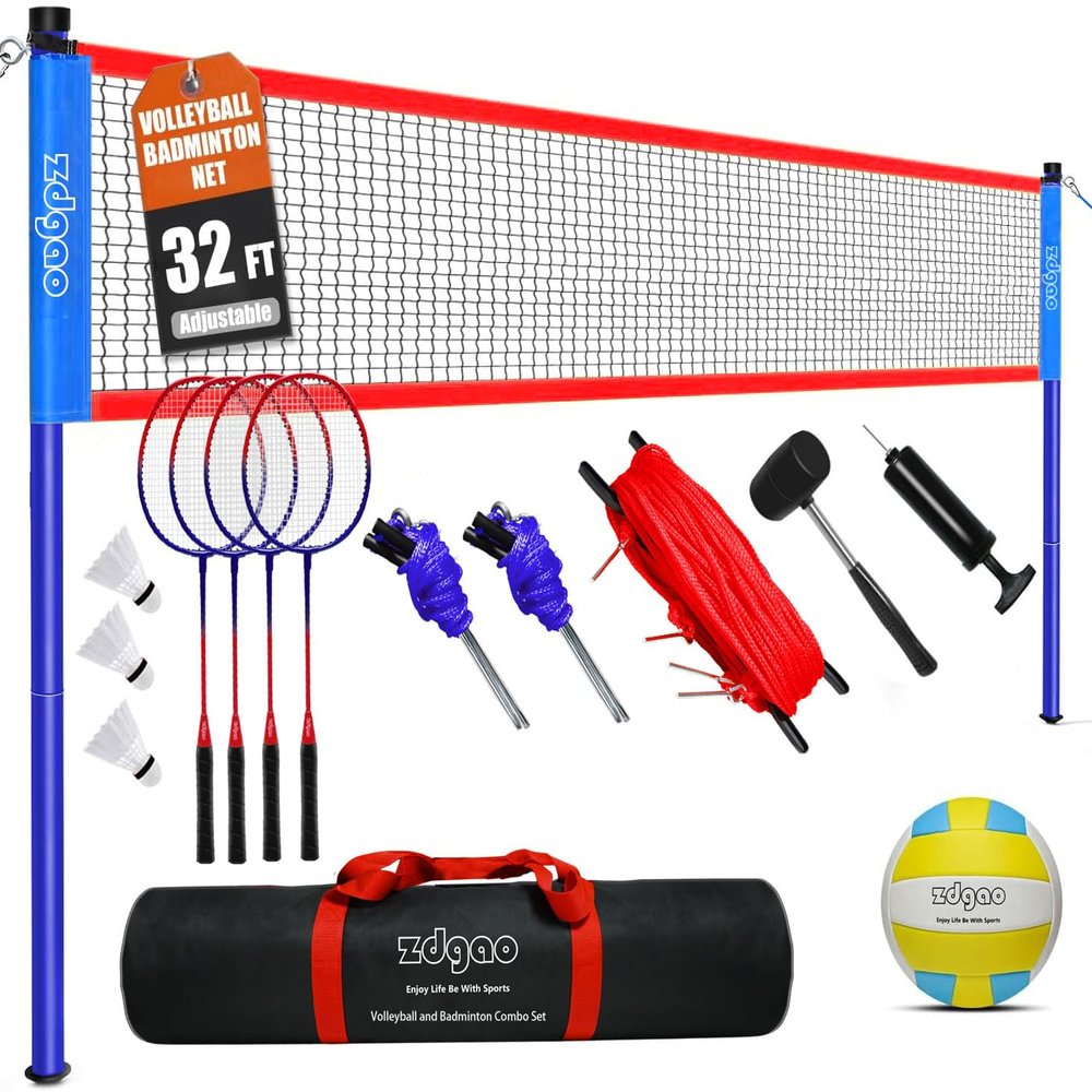 Badminton & Volleyball Combo Set- 32FT Adjustable Professional Volleyball Net for Lawn, Backyard, Easy Set up Volley ball Set with Volley ball,Badminton Racquets,Carry Bag,Boundary Line for Family Fun