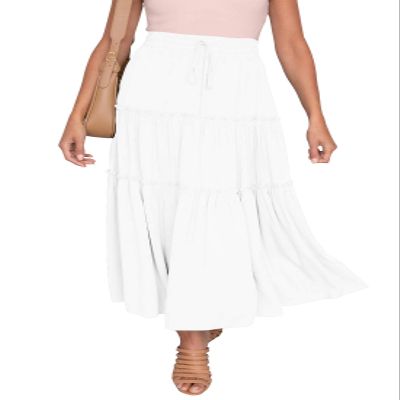HAEOF Women's Summer Flowy Boho Maxi Skirt A Line Pleated Tiered Long Skirts with Pockets Fashion Beach Vacation Outfits (White, M)