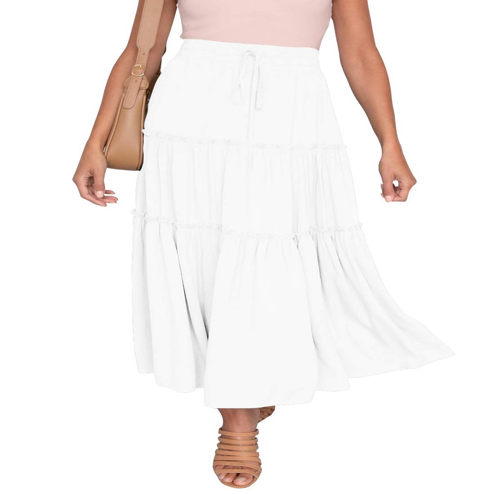 HAEOF Women's Summer Flowy Boho Maxi Skirt A Line Pleated Tiered Long Skirts with Pockets Fashion Beach Vacation Outfits (White, M)