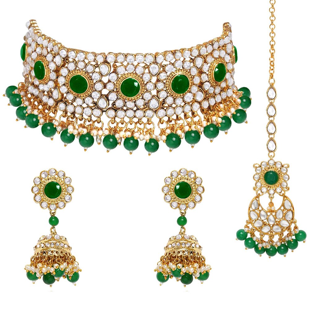 Aheli Faux Pearl Choker Necklace with Earrings Indian Traditional Bollywood Bharatanatyam jewellery Set for Women Green