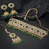 Aheli Faux Pearl Choker Necklace with Earrings Indian Traditional Bollywood Bharatanatyam jewellery Set for Women Green view 3