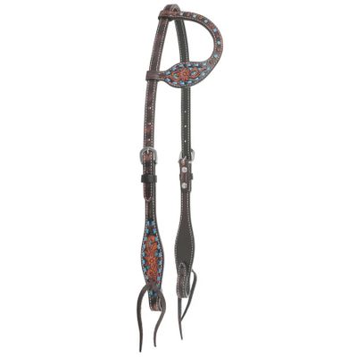 Circle Y Bronco Blue Texas Flower One-Ear Headstall | Durable Western Horse Tack with Double-Ply Leather & Tie Bit Ends | for Horse Shows, Trail Rides & Equestrian Sports, Chocolate, One Size