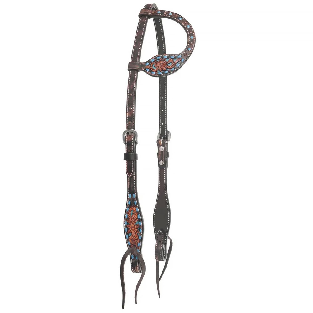 Circle Y Bronco Blue Texas Flower One-Ear Headstall | Durable Western Horse Tack with Double-Ply Leather & Tie Bit Ends | for Horse Shows, Trail Rides & Equestrian Sports, Chocolate, One Size