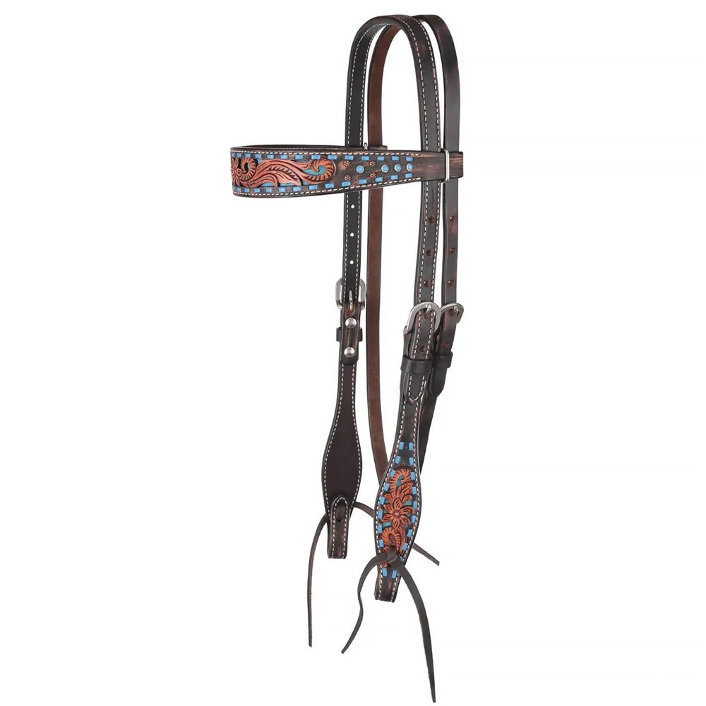 Circle Y Bronco Blue Texas Flower Durable Leather 5/8" Browband Headstall with Standard Cheek Style, Tie Bit Ends & Adjustable Length | Western Horse Tack for Riding & Shows, Chocolate, One Size