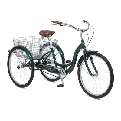 Schwinn Meridian Adult Tricycle Bike, Mens and Womens Three Wheel Beach Cruiser, 26-Inch Wheels, Low Step-Through Frame, Wide Seat, Rear Folding Basket, Single-Speed, Green