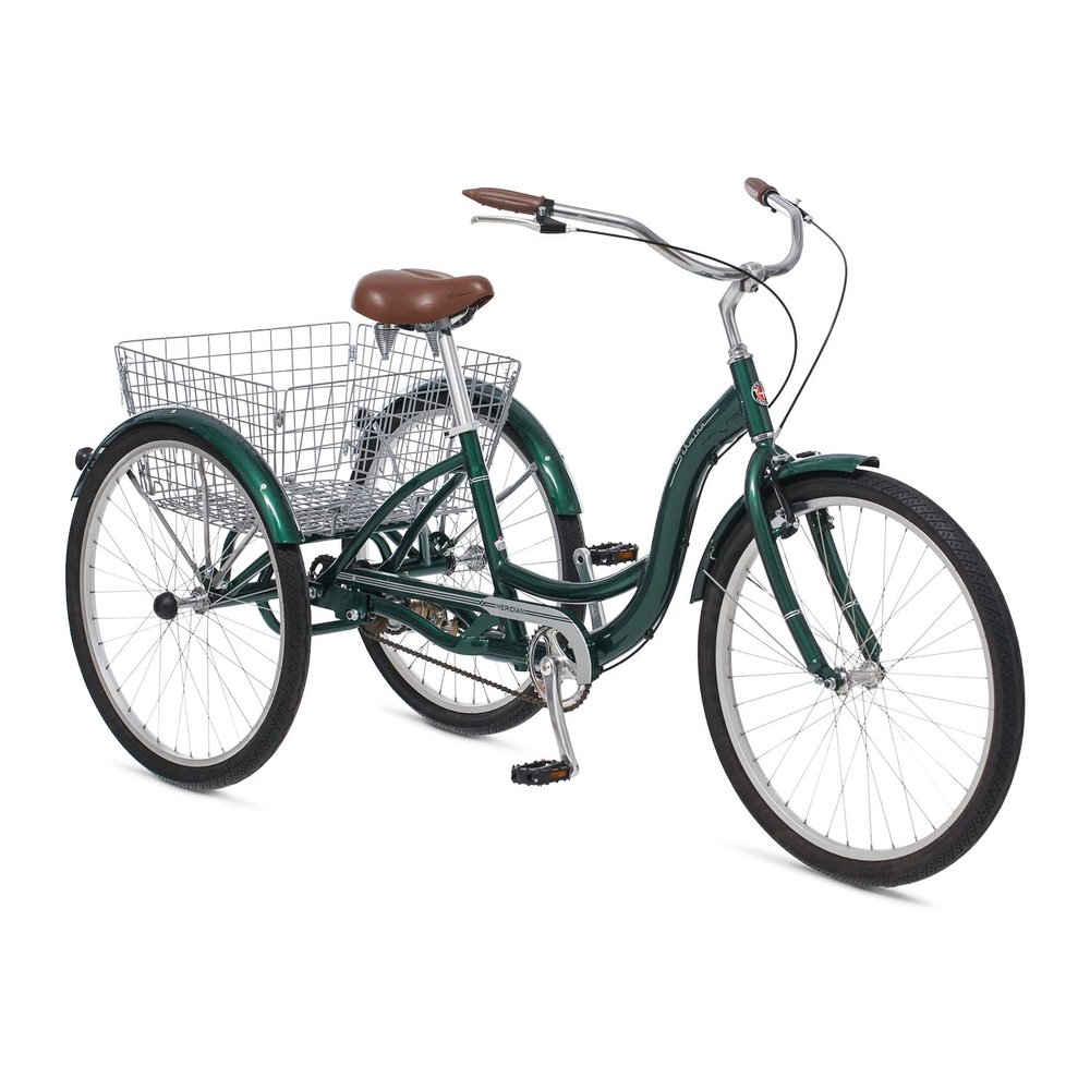 Schwinn Meridian Adult Tricycle Bike, Mens and Womens Three Wheel Beach Cruiser, 26-Inch Wheels, Low Step-Through Frame, Wide Seat, Rear Folding Basket, Single-Speed, Green