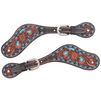 Circle Y Women's & Youth Bronco Blue Texas Flower Durable Leather Western Spur Straps with Stainless Steel Buckle & Hand-Tooled Texas Floral Filigree | Horse Tack for Equestrian Sports