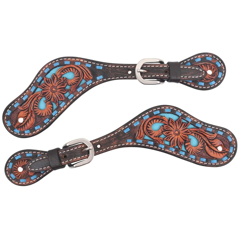 Circle Y Women's & Youth Bronco Blue Texas Flower Durable Leather Western Spur Straps with Stainless Steel Buckle & Hand-Tooled Texas Floral Filigree | Horse Tack for Equestrian Sports