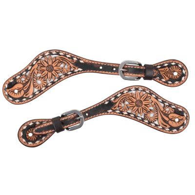 Circle Y Women & Youth White Daisy Filigree Durable Western Adjustable 7 1/2" - 9" Leather Spur Straps for Boots - Pair | Equestrian Accessories