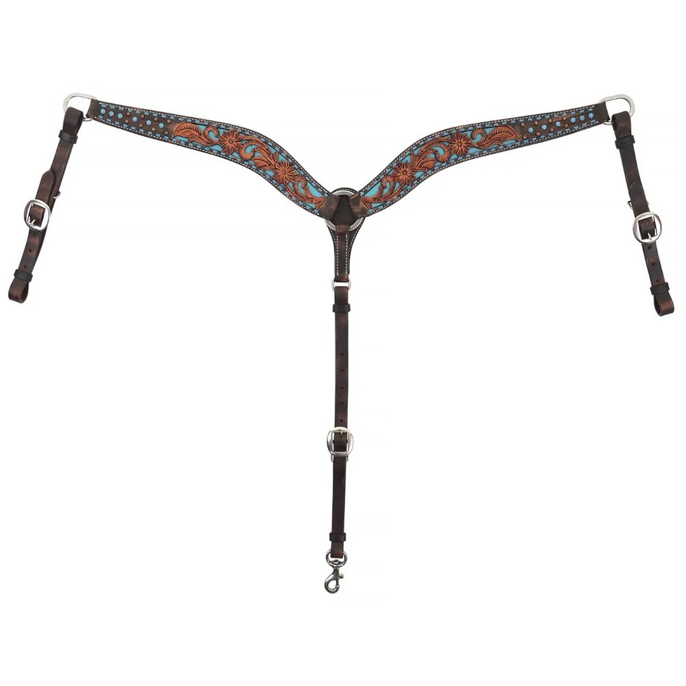 Circle Y Bronco Blue Texas Flower Durable Leather Breast Collar with Contour-Tapered Design & Hand-Tooled Floral Filigree | Western Tack for Horse Riding, Shows & Equestrian Sport, Chocolate, One Size