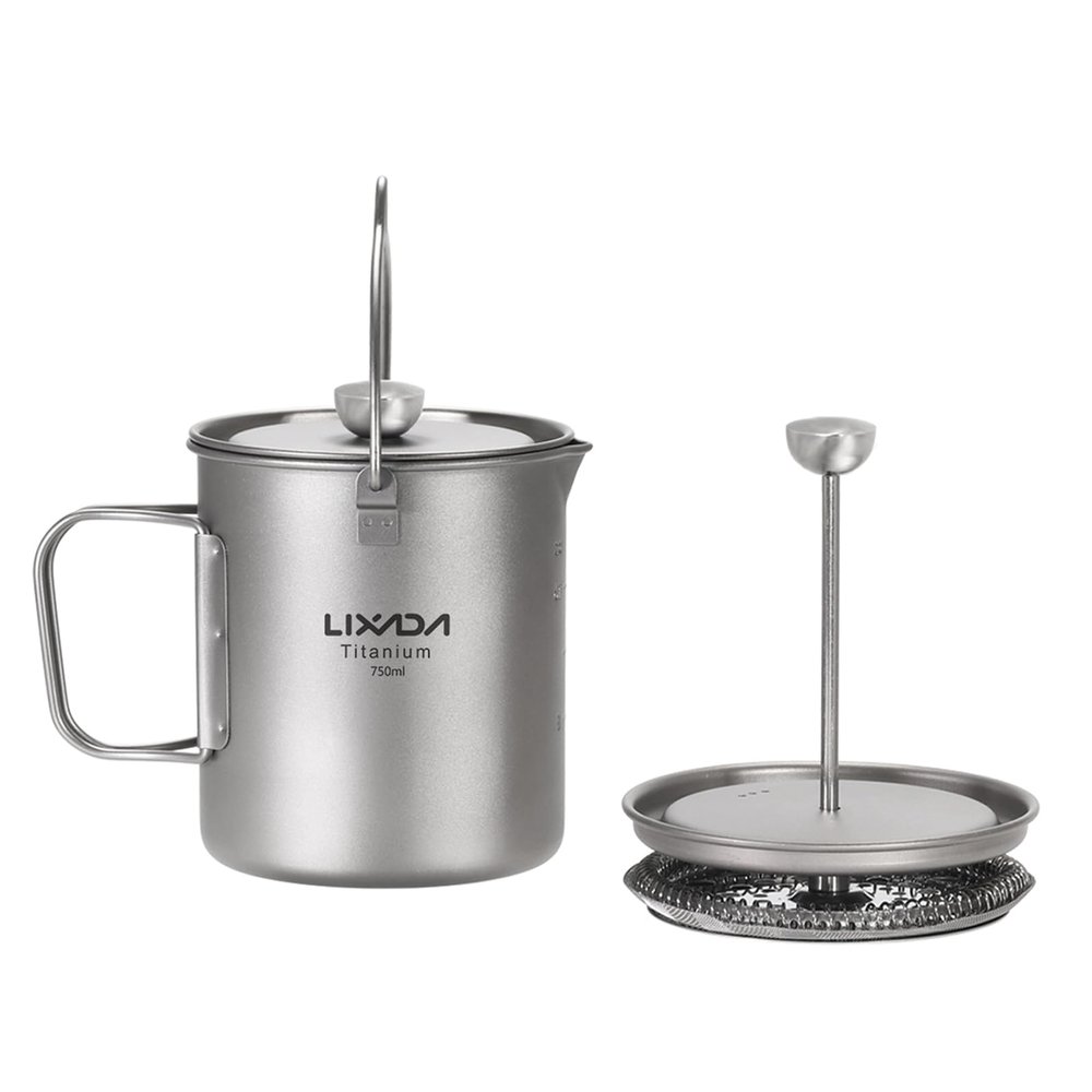 Lixada Titanium Cup Camping Coffee Mug 750ml Outdoor French Press Pot, Camp Cooking Pot, Coffee Maker with Lid, Multi-Functional Travel Mug for Outdoor Camping, Hiking, Picnic, Backpacking