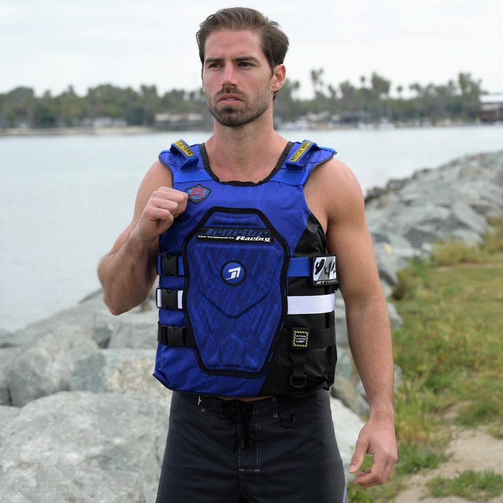 Jettribe RS-25 Customizable 25th Anniversary Edition Side-Entry Jet Ski Life Vest: Mens PWC Performance Impact Jacket for Racing and Freestyle Competition Series with Integrated Chest Plate- -Blue