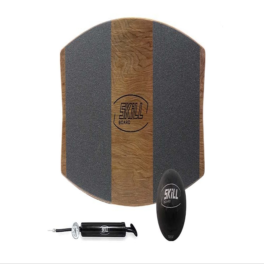 The Skill Board Mini - Wooden Balance Board - Travel-Size Balance Trainer for All Sports, Gym, Standing Desk - Incl. Fitness Ball, Ball Pump, Grip Tape