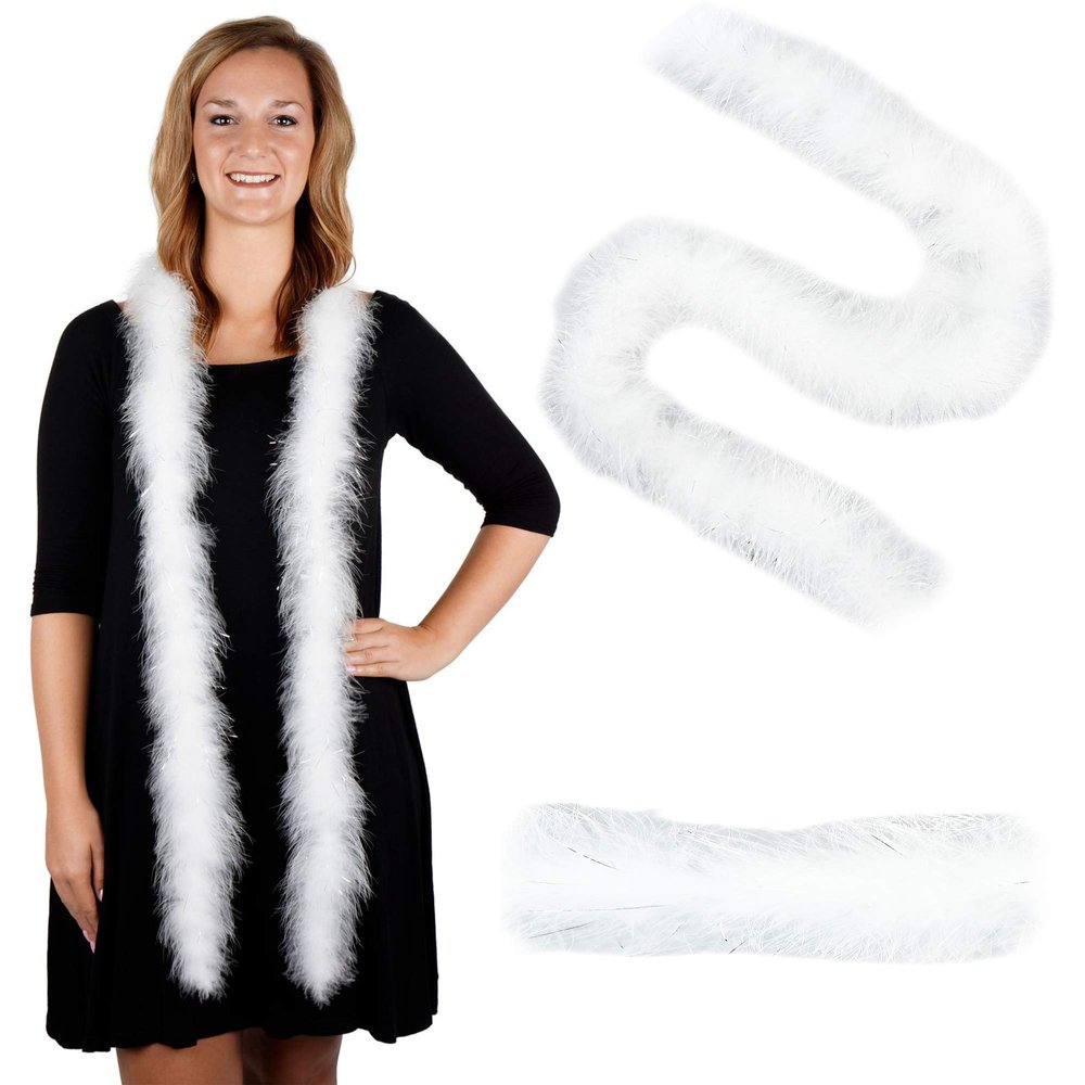 ZUCKER Marabou Feather Boas - Fluffy Costume Accessories, for Halloween Party, Carnival, Crafts, Dancing - White/Silver Lurex - 3 Pack