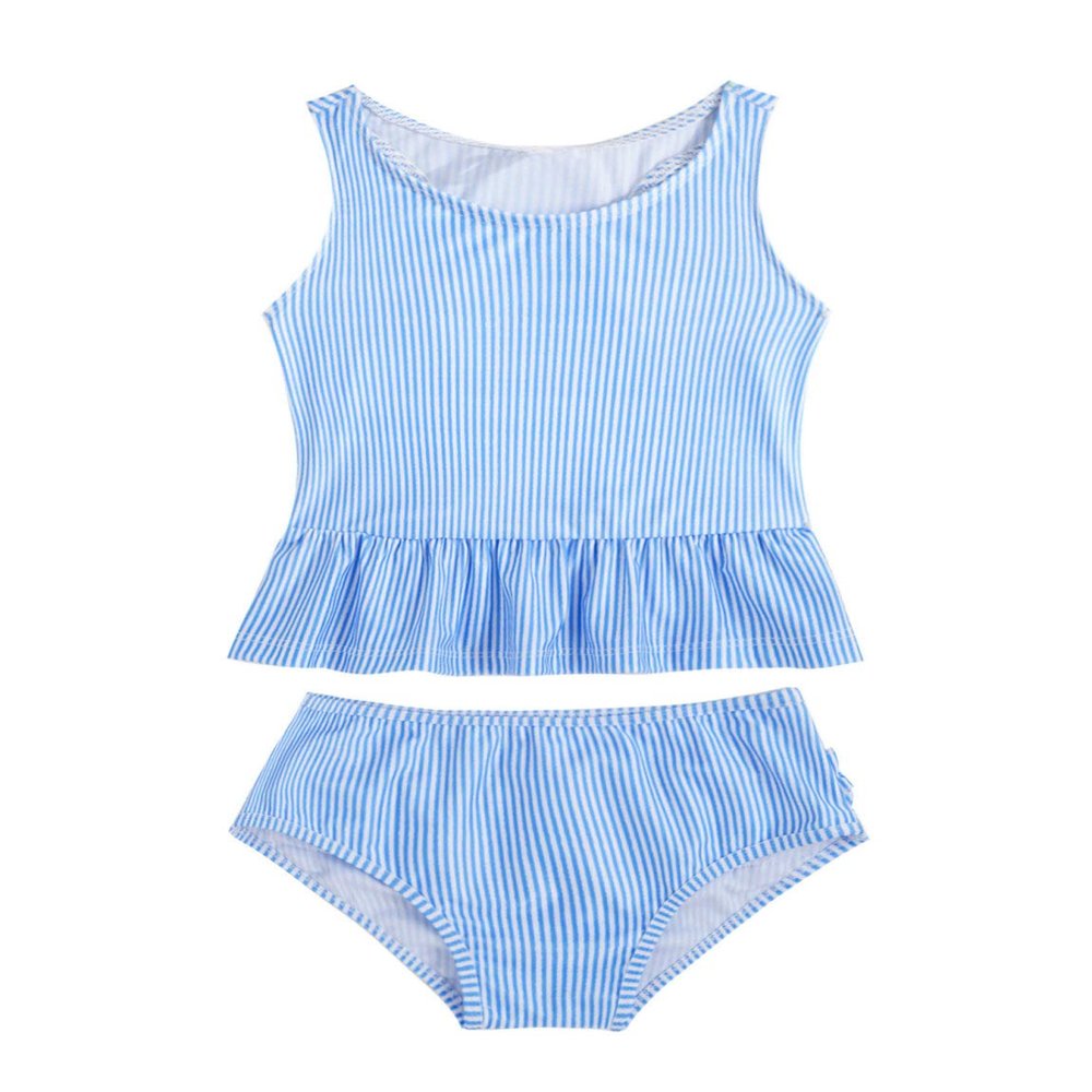 Hansber Infant Baby Girls Stripe Print Two Piece Tankini Swimsuit Sleeveless Ruffles Top with Briefs Blue 1-2