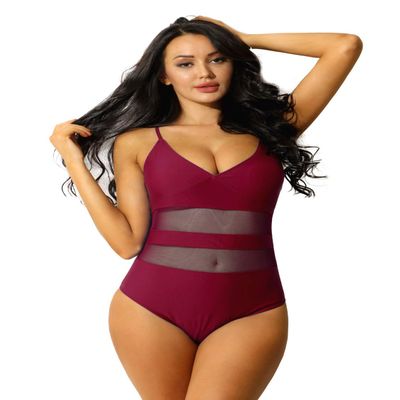renvena Women One Piece Swimwear V Neck Beachwear Halter Tummy Control Bathing Suit Swimsuit Summer Outfits Wine Red Medium