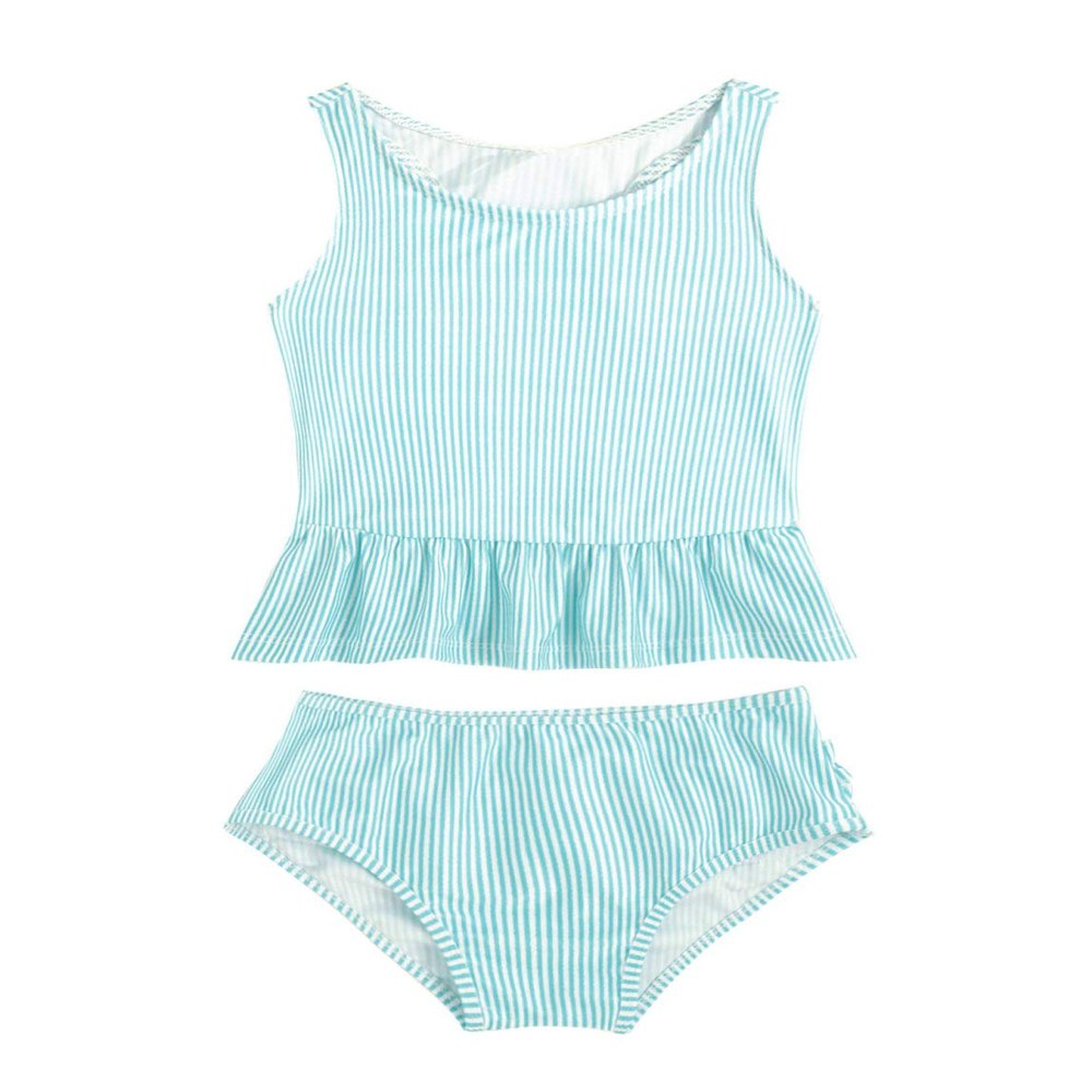 Hansber Infant Baby Girls Stripe Print Two Piece Tankini Swimsuit Sleeveless Ruffles Top with Briefs Mint Green 12-18 Months