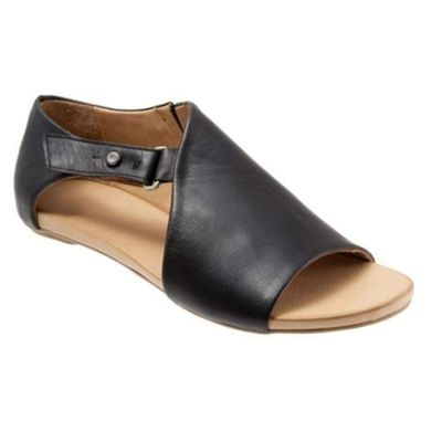 PAPABA Women Summer Faux Leather Flat Sandals Buckle Strap Slippers Fish Mouth Shoes Low Heel Casual Sandal Black 43