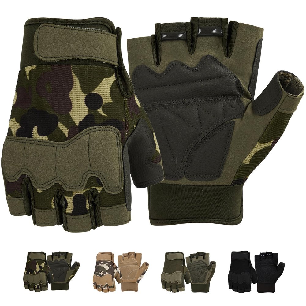 FIORETTO Fingerless Gloves for Airsoft Shooting Half Finger Hunting Hiking Cycling Driving Motorcycle Climbing Work Gloves Green Camo Large