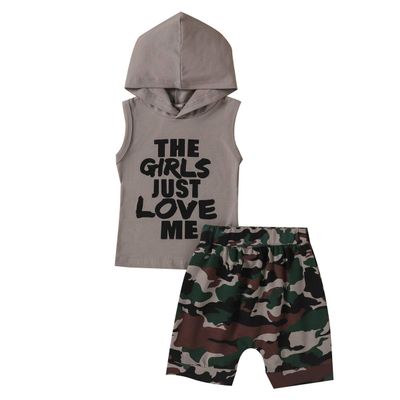 FYBITBO Toddler Baby Boy Shorts Set Hoodie Sleeveless Shirts Tank Top and Camo Shorts 2pcs Summer Clothes Outfit Set (18-24 Months,B-Grey)