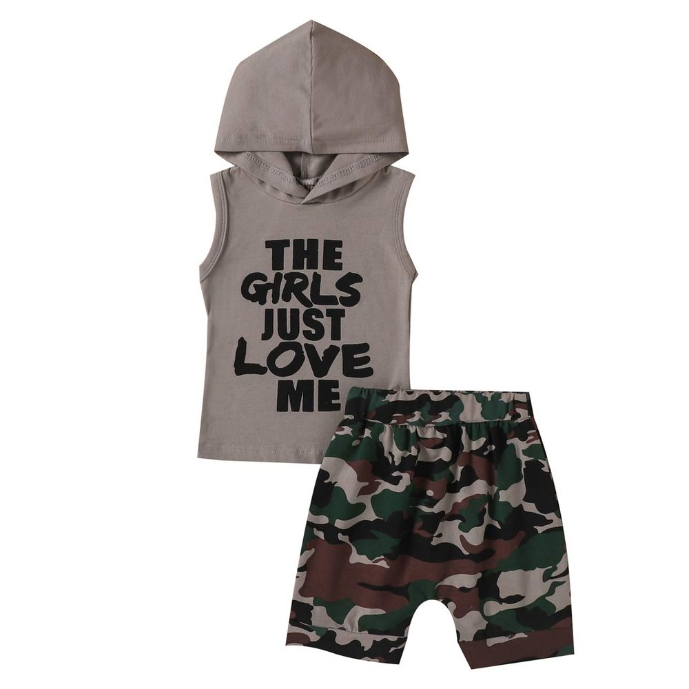 FYBITBO Toddler Baby Boy Shorts Set Hoodie Sleeveless Shirts Tank Top and Camo Shorts 2pcs Summer Clothes Outfit Set (18-24 Months,B-Grey)