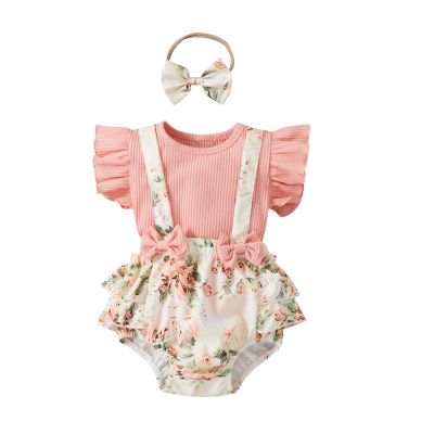 Okbabeha Infant Newborn Baby Girl Summer Floral Shorts Outfit Ruffle Shirt Suspender Shorts with Headband 3pcs Clothes Set (Pink, 6-12 Months)