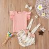 Okbabeha Infant Newborn Baby Girl Summer Floral Shorts Outfit Ruffle Shirt Suspender Shorts with Headband 3pcs Clothes Set (Pink, 6-12 Months) view 2