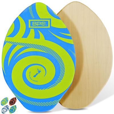 BPS 'Koru' Best Performance 40" Wooden Skimboard | Colored EVA Grip Pad High Gloss Clear Coat | Kids and Adults, Textured Wax Free Foam | Blue with Lime Green Accent