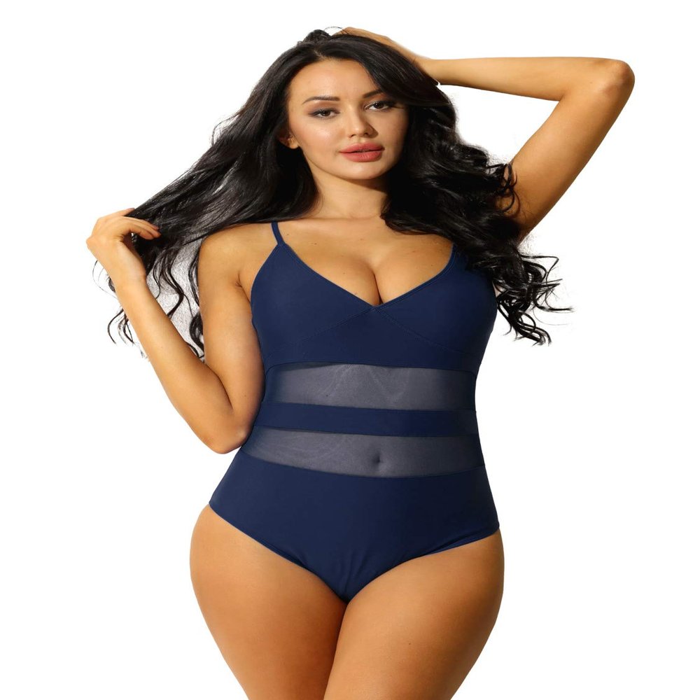 renvena Women One Piece Swimwear V Neck Beachwear Halter Tummy Control Bathing Suit Swimsuit Summer Outfits Navy Blue XX-Large