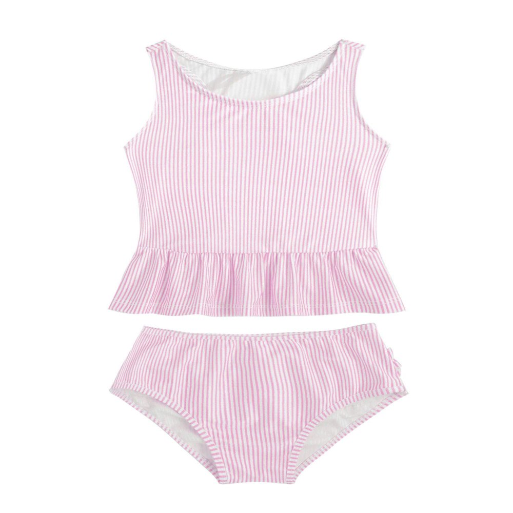 Hansber Infant Baby Girls Stripe Print Two Piece Tankini Swimsuit Sleeveless Ruffles Top with Briefs Pink 8