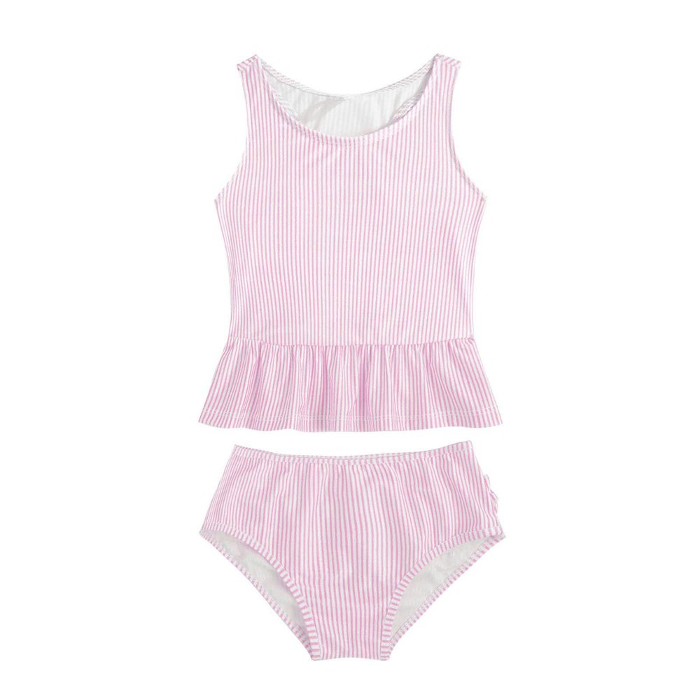 Yeahdor Baby Girls Two Piece Swimsuit Striped Ruffles Tank Top with Bottoms Beach Bathing Suit Pink 1-2