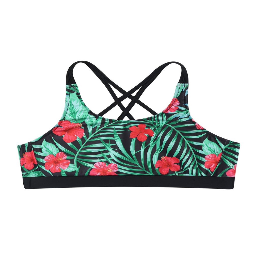Kaerm Kids Girls Print Criss Cross Sport Training Bra Backless Straps Gym Workout Crop Top Sportwear Hibiscus Red 6