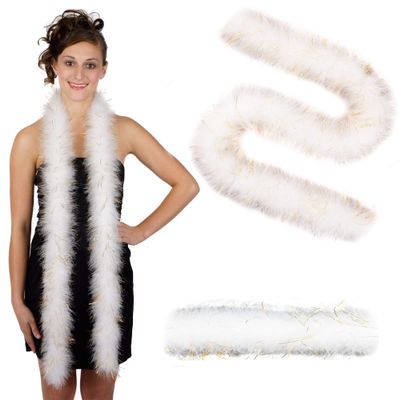 ZUCKER Marabou Feather Boas - Fluffy Costume Accessories, for Halloween Party, Carnival, Crafts, Dancing - White/Gold Lurex - 3 Pack