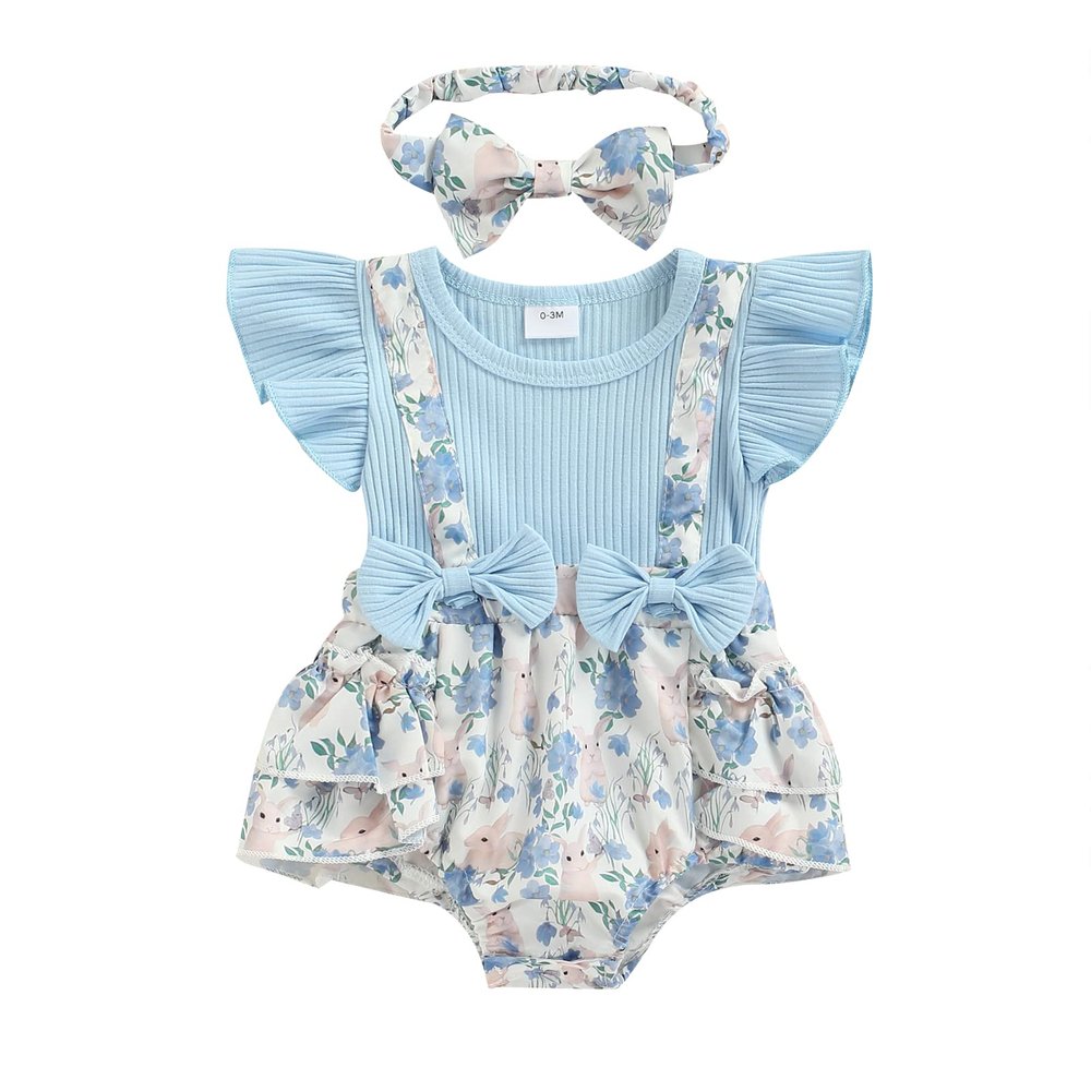Okbabeha Infant Newborn Baby Girl Summer Floral Shorts Outfit Ruffle Shirt Suspender Shorts with Headband 3pcs Clothes Set (Bunny Print, 3-6 Months)