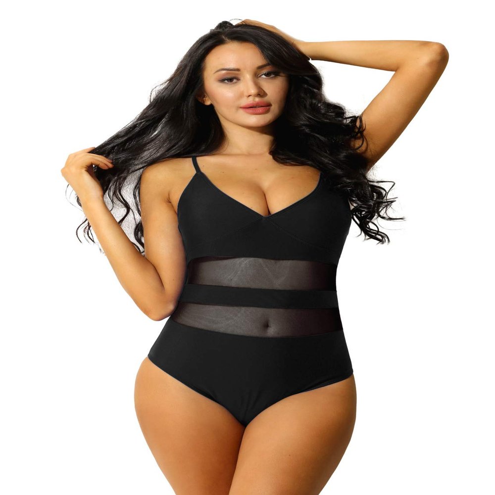 renvena Women One Piece Swimwear V Neck Beachwear Halter Tummy Control Bathing Suit Swimsuit Summer Outfits Black Small