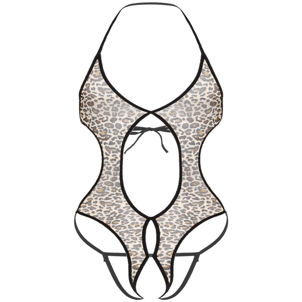 Freebily Mens One Piece Halter Neck Lace-up Mesh Bodysuit Hollow Out Bottoms Jumpsuit Nightwear Leopard One Size