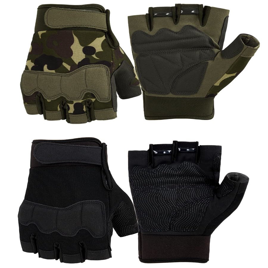 FIORETTO Fingerless Gloves for Airsoft Shooting Half Finger Hunting Hiking Cycling Driving Motorcycle Climbing Work Gloves 2 Pairs(Black+Green Camo) Small