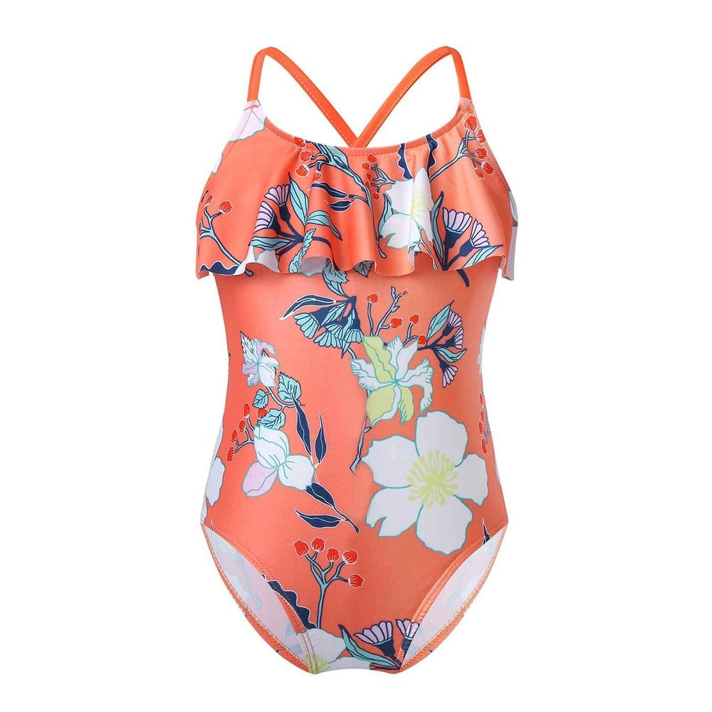 CHICTRY Kids Girls Floral Printed Ruffles Cirss Cross Back One Piece Swimsuit Bathing Suit Beachwear Orange 6