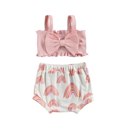 FYBITBO Infant Baby Girl Ribbed Cami Bow-Tie Crop Top+Rainbow Bloomers Shorts Summer Clothes Outfits Set (6-12 Months,Pink Rainbow)