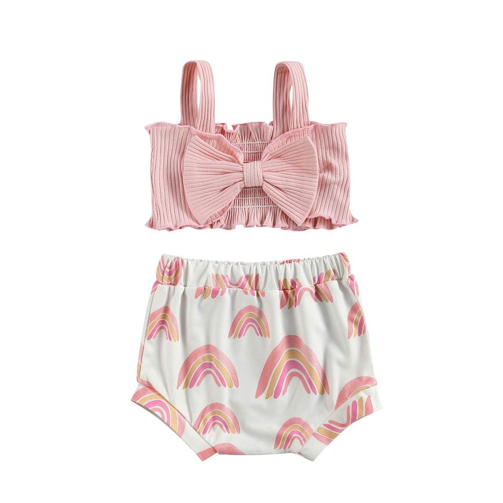 FYBITBO Infant Baby Girl Ribbed Cami Bow-Tie Crop Top+Rainbow Bloomers Shorts Summer Clothes Outfits Set (6-12 Months,Pink Rainbow)