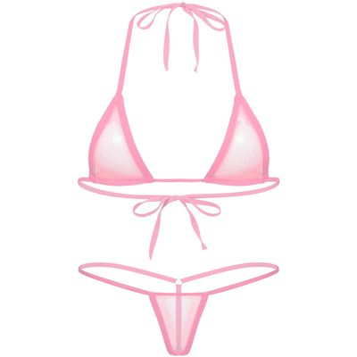 Freebily Womens Halter Lace-up Bra Tops with Mini Briefs 2Pcs Bikini Lingerie Set Swimwear Suits Pink One Size